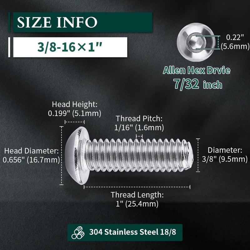 EASTLO 3/8-16 x 1 Button Head Socket Cap Bolts Screws, 304 Stainless Steel 18-8, Full Thread, Coarse Thread UNC, Allen Hex Drive, 10 PCS - Image 3